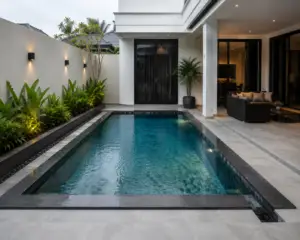 Layanan Jasa Kontraktor Kolam Renang pembuatan kolam renang semi overflow batu alam sukabumi minimalis modern